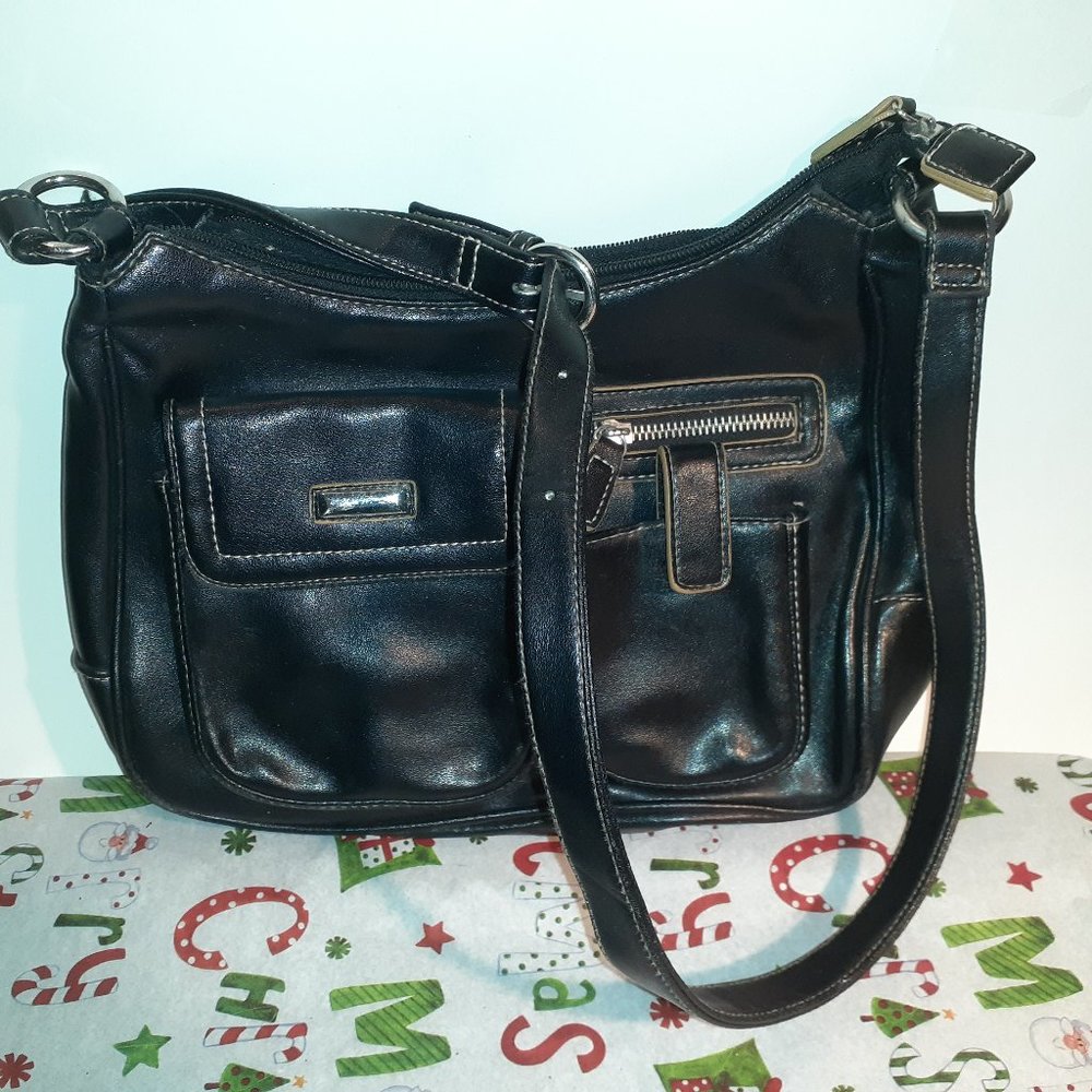 Black Handbag With Front Pockets And Zipper